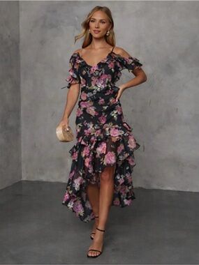 VICI Black Floral Cold-Shoulder High-Low Dress with Pink Blooms NWT